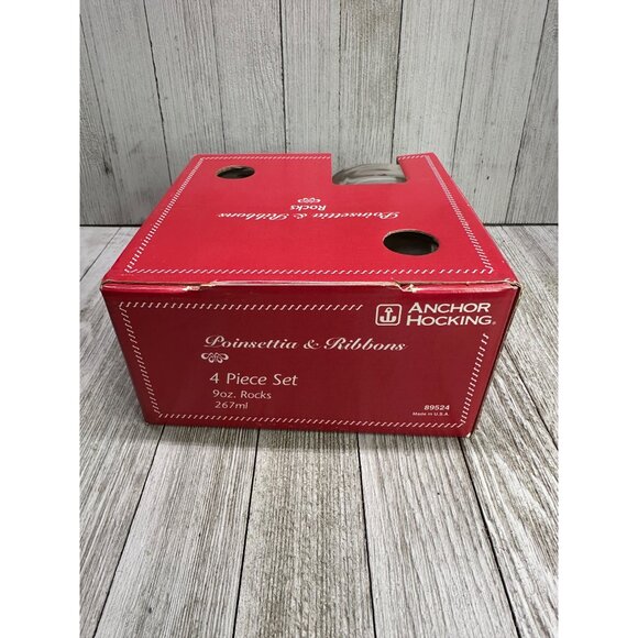 Vtg Anchor Hocking Poinsettia & Ribbons Rocks Glasses 3.25" Tall Barware Set 4 - Picture 3 of 10